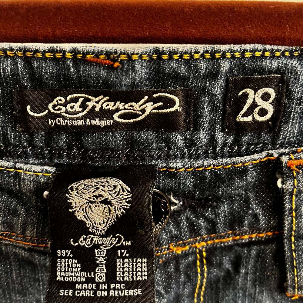 ULTRA RARE~ED HARDY~ TATTOO JEANS ~ SKINNY RAW HEM ~ MIXED MEDIA ~ DOVE~28 - Picture 5 of 16